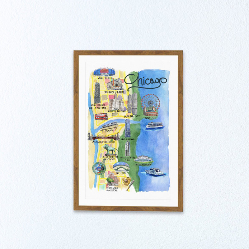 « the esprit of chicago », reproduction de peinture à l’aquarelle encadrée, H 18 po x l 12 po