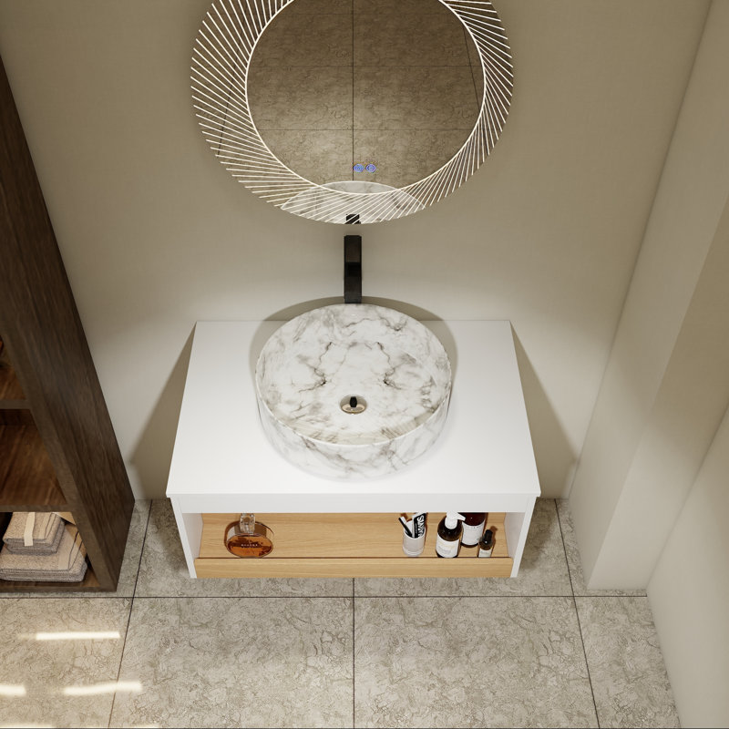 Meuble-lavabo flottant avec lavabo vasque rond à motif marbré et tablette ouverte, 30"