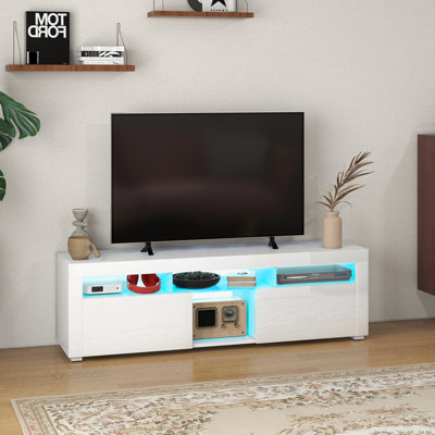Meuble télé moderne pour téléviseur de 55 po ou moins pour le salon blanc ultrabrillant