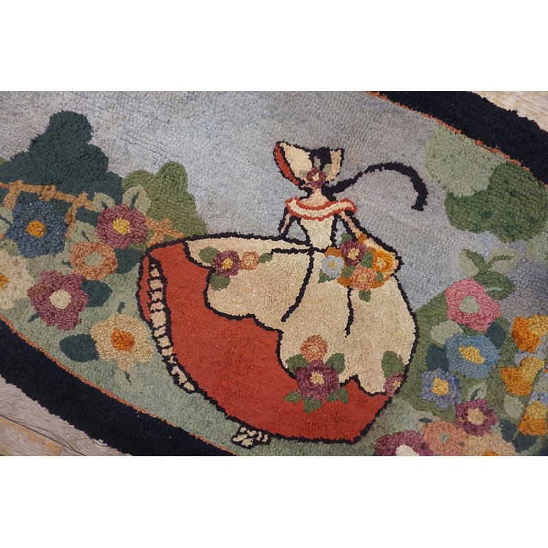 Antique American Hooked Small Scatter Size Wool Blue Rug