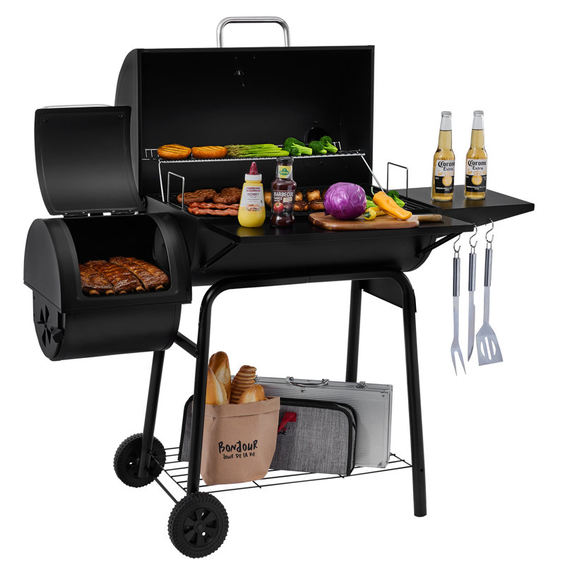 Royal Gourmet 28" Barrel Charcoal Grill with Smoker and Side Table