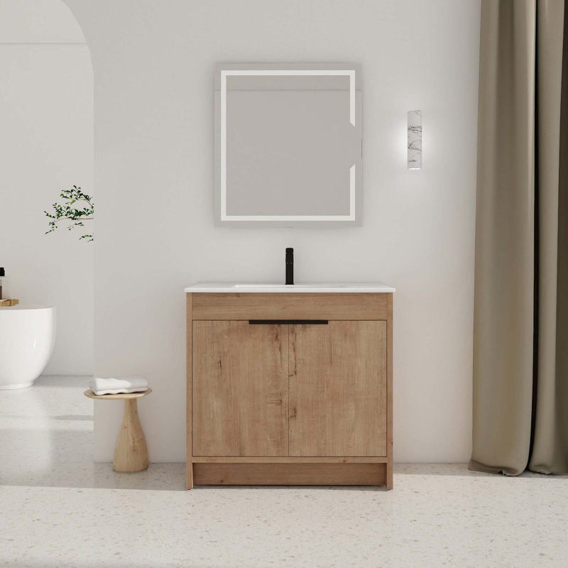 Meuble-lavabo autoportant avec lavabo en céramique, Chêne, Blanc, 36"