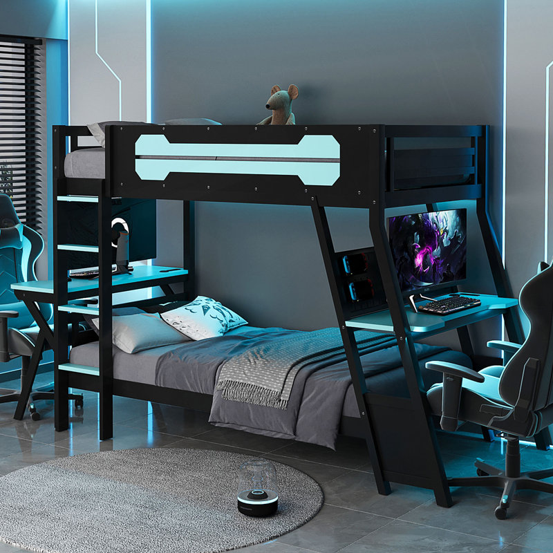Lit superposé simple avec deux bureaux de jeu intégrés, ports USB et organisateur de panneau perforé, Lit simple, Bleu