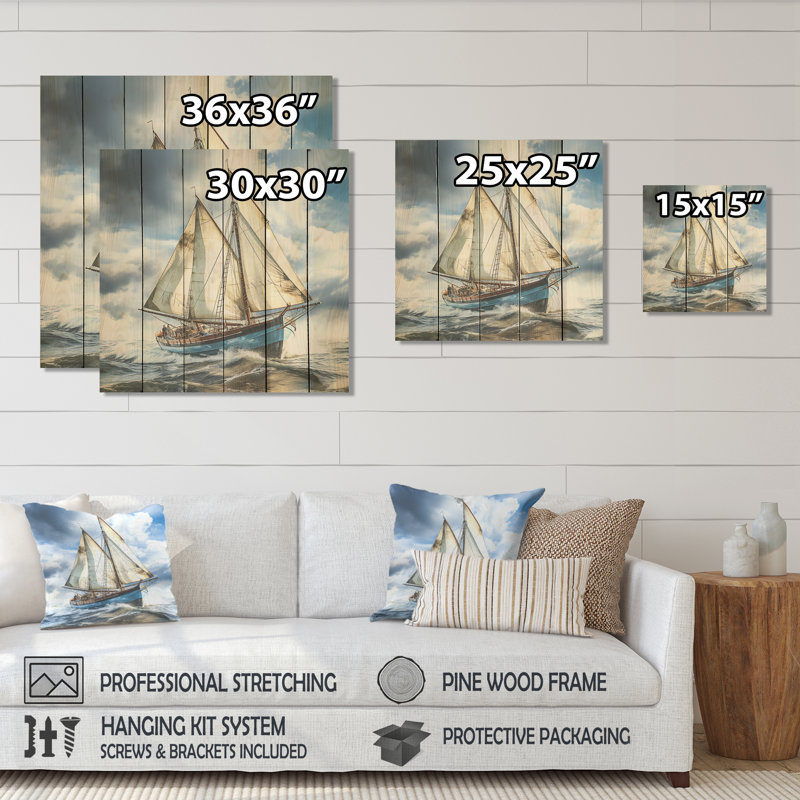 Morning Sail Horizon II - Coastal Boat On Wood Print, 15" H x 15" W