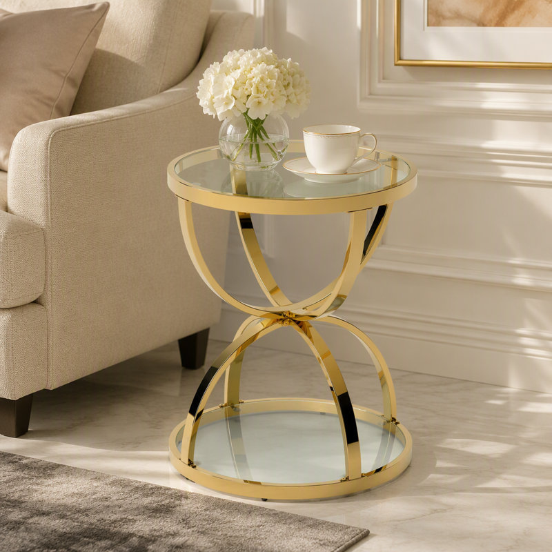 Table d'appoint ronde moderne à deux niveaux en verre de 50 cm (19,69 po), avec structure en métal annulaire, pouvant servir de table de chevet ou de table d'appoint pour le salon, la chambre et le bureau.