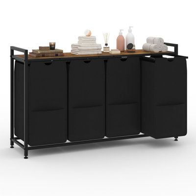 Black Freestanding 4-Section Laundry Sorter with Pull-Out Bags – Heavy Duty Hamper with 100lb MDF Shelf & Metal Frame – 48L Capacity Laundry Organizer for Bathroom, Closet, Utility Room