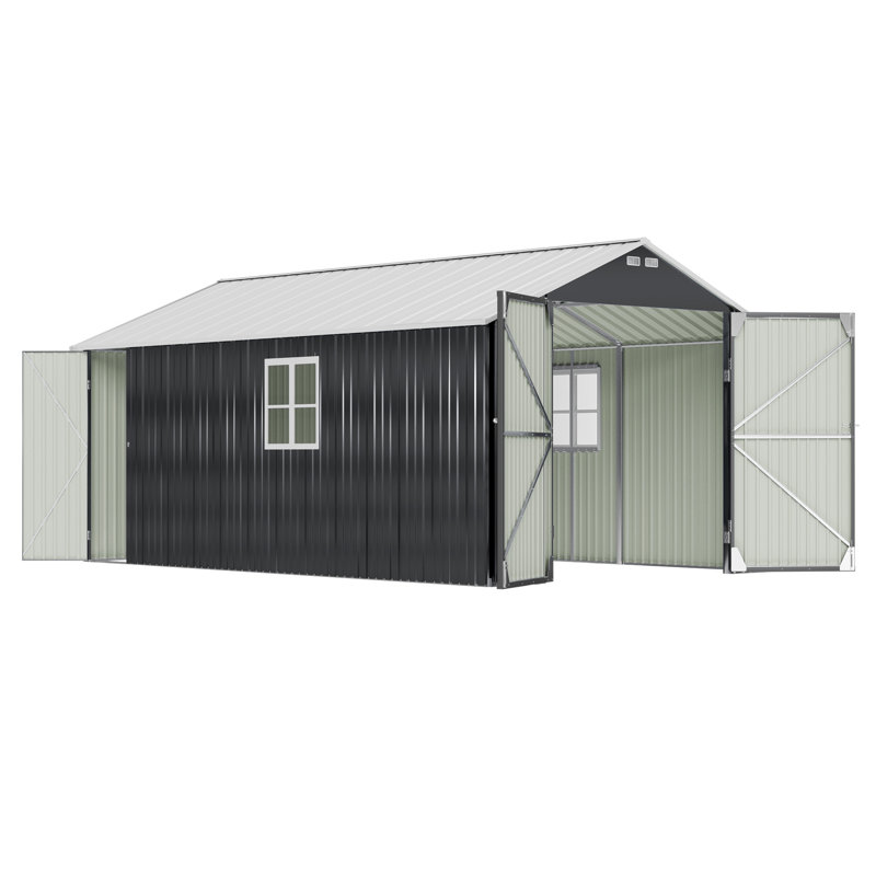 12 pi. L 20 pi. Garage extérieur en métal avec portes doubles et fenêtres, noir et blanc