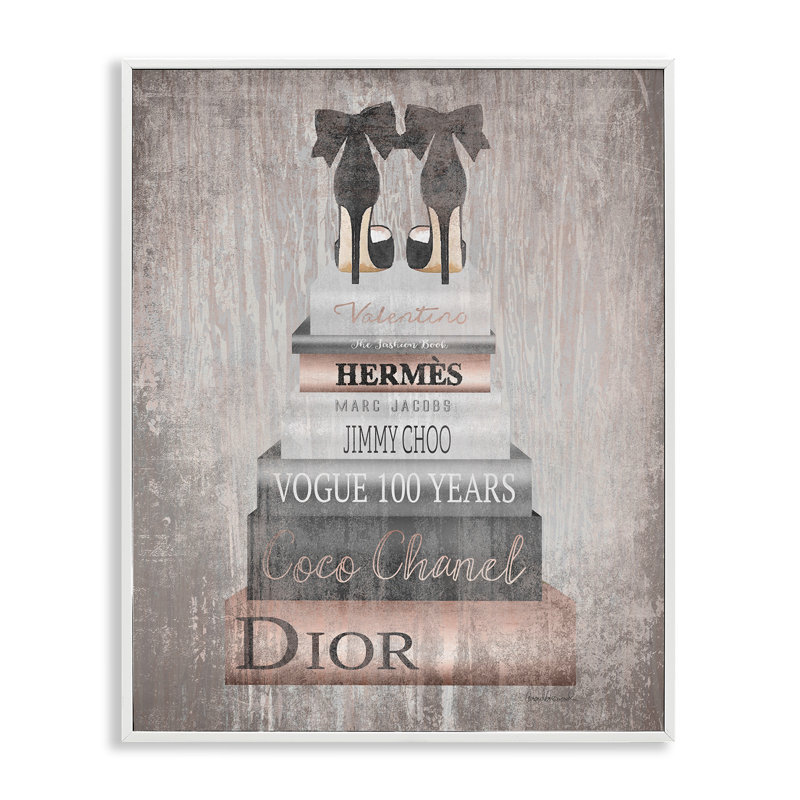 «Book Stack Heels Metallic Pink», impression, Giclée encadrée noir minuit, H 11 po x l 14 po