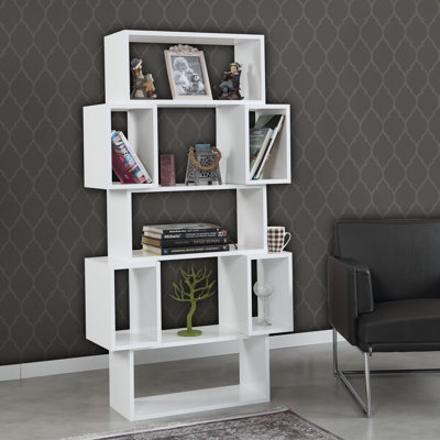 Bibliothèque moderne blanche avec de nombreuses tablettes, 33,1 x 63,0 x 11,8 pouces | 100% panneau de particules enduit de mélamine, épaisseur: 0,7 pouce | Conception murale, solution de rangement élégante pour la maison ou le bureau