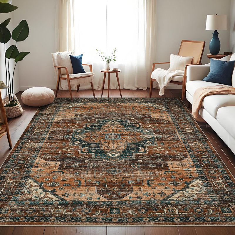 Oriental Machine Washable Area Rug for Living Room Non-Slip Vintage Carpet with Rubber Backing for Bedroom Hallway Dining Room Kitchen Office Farmhouse