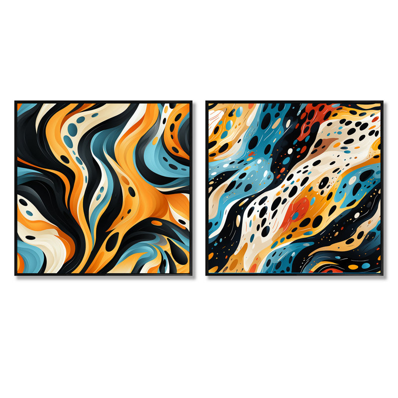 Retro Futurism In Orange And Blue Waves - Abstract Square Collage Set Of 2, 16" H x 33" W, Black Floater Framed