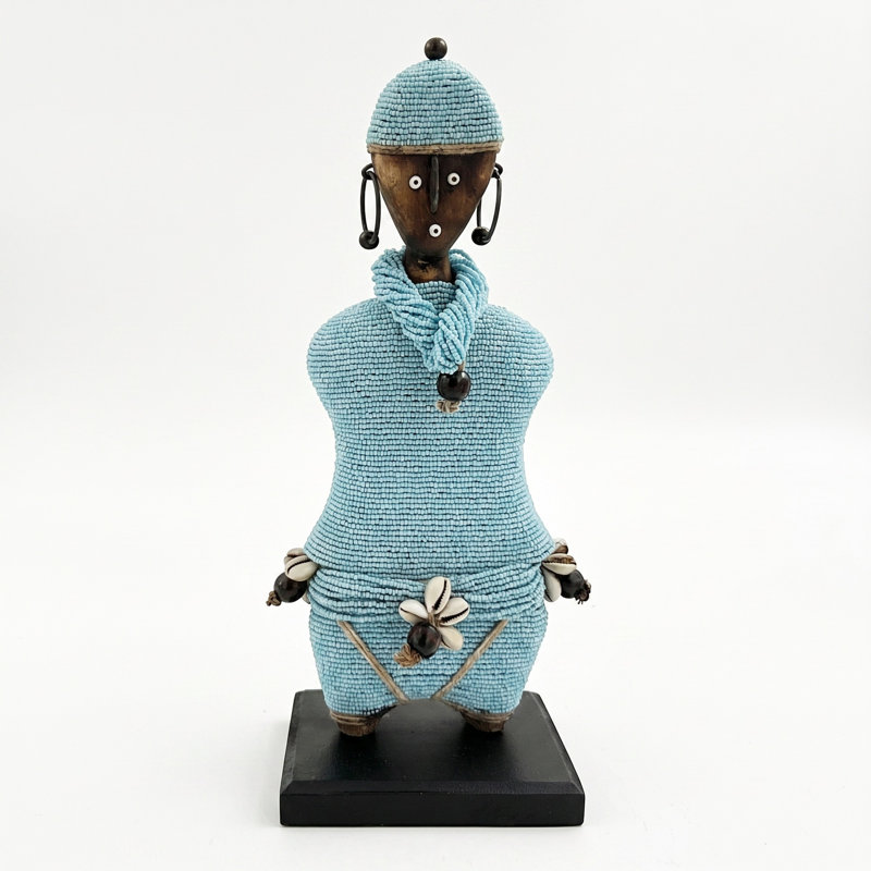 African Beaded Namji Doll, Medium 13 in, Aqua Blue, Beaded