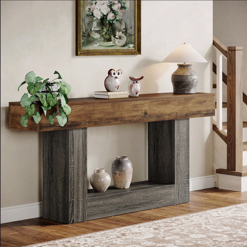 63" Farmhouse Console Table, With Storage - 2-Tier Rustic Entryway Sofa Table Behind Couch, Narrow Hallway Accent Table With U-Shaped Gray Base