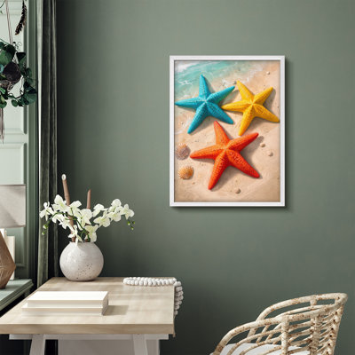 Colorful Starfish Beach Scene Framed Wall Art Prints - Coastal Summer Decor for Bathroom Living Room