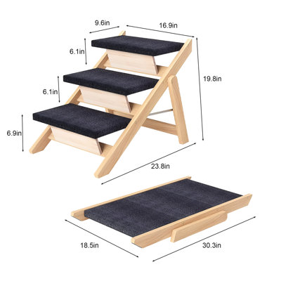 Escalier pliable en bois de 21 pouces pour chiens de taille moyenne permettant d'accéder au canapé et à la voiture - Antidérapant et supportant un poids jusqu'à 68 kg (150 lbs), 3 marches pour lits hauts en bois.