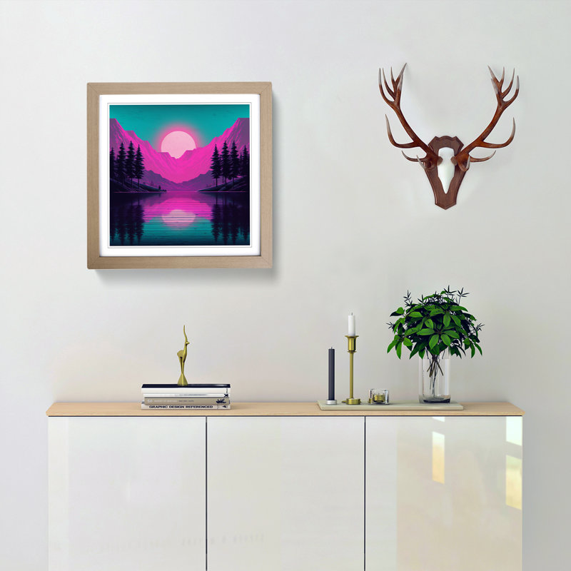 Lake Vaporwave No.1 - Single Picture Frame Print on Wood, Oak