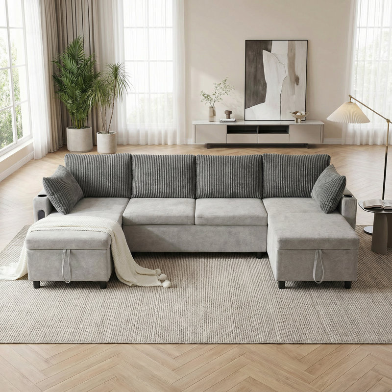 113.4" Chenille Sofa Sleeper With Large Storage Space, Two USB Ports And Two Cup Holders, Gray
