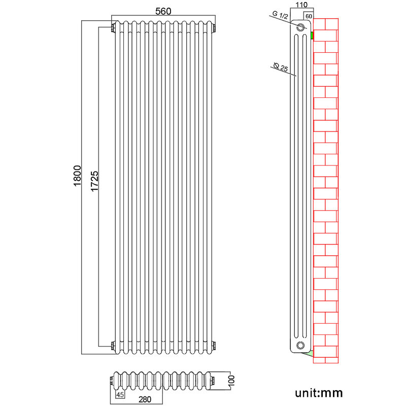 Diredra Vertical Designer Radiator, 1800mm H x 560mm W x 100mm D