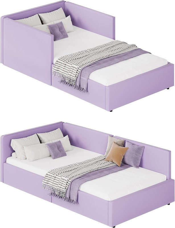 Lit double en velours avec tête de lit triple, barrières de sécurité et capacité de charge de 363 kg, canapé-lit rembourré pour enfants et invités