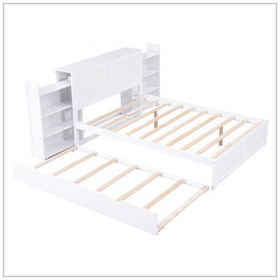 Full Size Storage Platform Bed With Pull Out Shelves And Twin Size Trundle, White