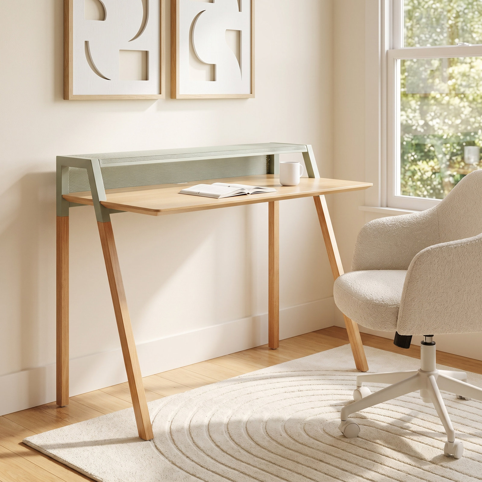 Cant Writing Desk, Gray Green/White Oak