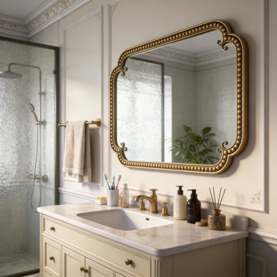 Miroir mural décoratif rectangulaire arrondi, 61 cm x 91 cm, encadré de métal doré à perles irrégulières, idéal pour la salle de bain, le salon et l'entrée.