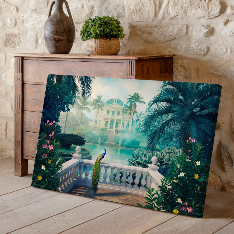 Toile, "Un paysage tropical serein avec un paon majestueux perché sur un mur", H 9 po x l 12 po
