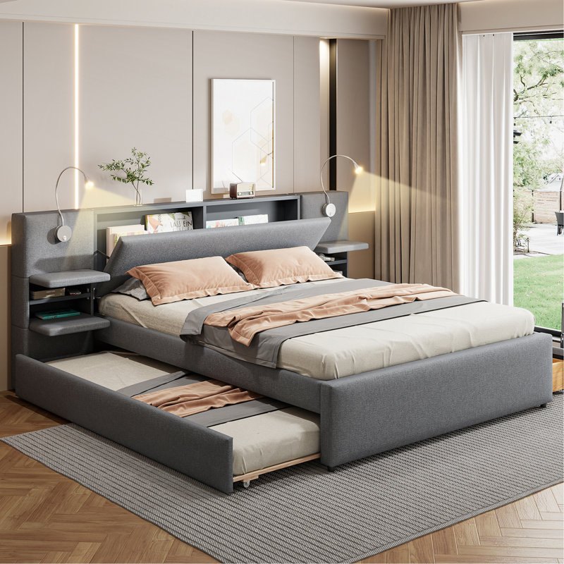 Grand lit plateforme tapissier avec lumières de lecture, tiroirs, lit gigogne et tablettes, gris