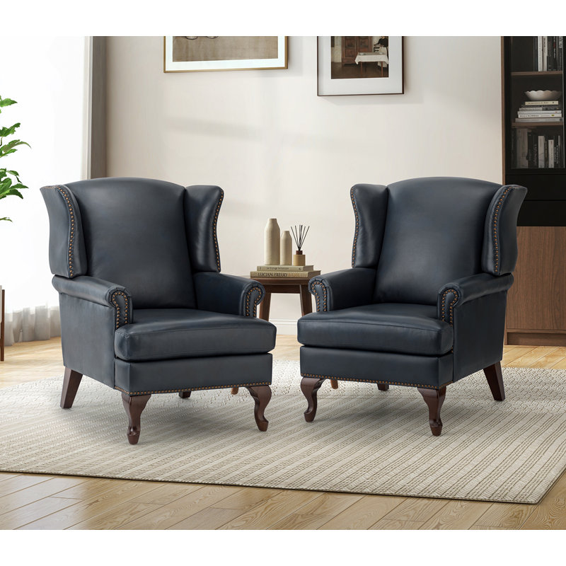 Fauteuils à oreilles en cuir véritable l 32,5 po Anapatrice, Cuir véritable bleu marine