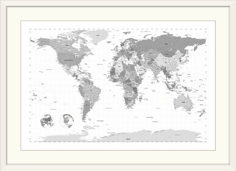 «World Map» par Bellen, impression, H 20 po x l 26 po x P 1 po, Cadre blanc