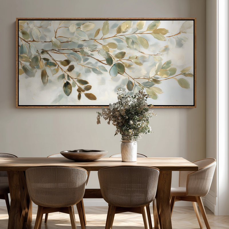 Branches de feuilles vertes et dorées avec lumière douce pour impression murale de salle à manger ou de salon, Naturel