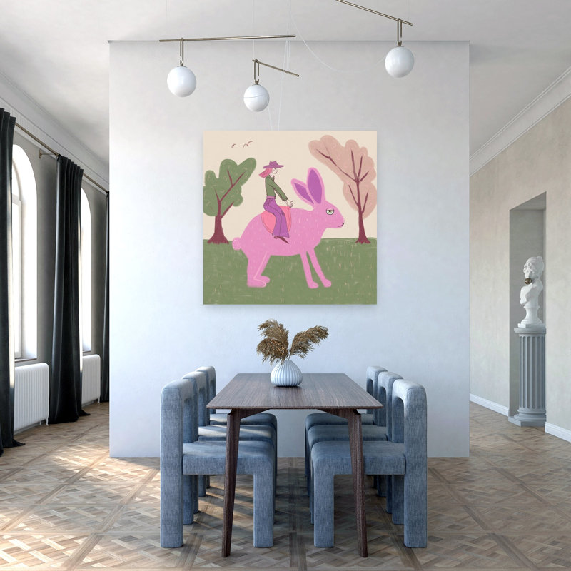 Rabbit Cowgirl Western Pink Whimsical Contemporary Cow Rabbit Forest Wall Art Print by Sharyn Bursic - Wrapped Canvas Print