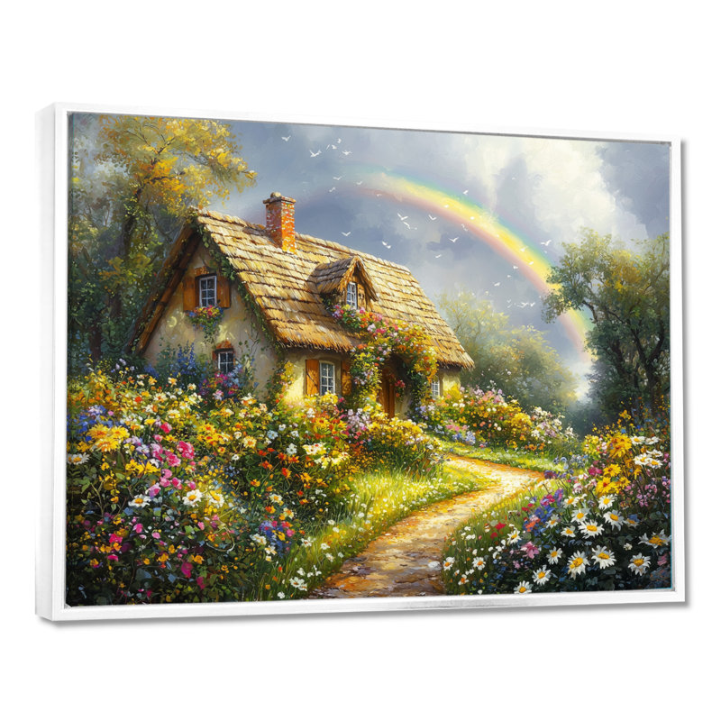 Rainbow Over The Cottage Garden I - Rainbow Wall Art, H 24 po x l 32 po, Cadre flottant blanc