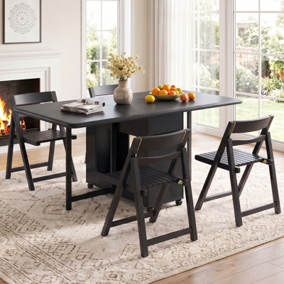 Folding Drop Leaf Dining Table with 4 chairs, Space saving foldable kitchen table, fully assembled, movable wooden butterfly table