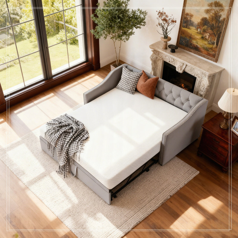 Upholstered daybed with Pop Up Trundle, Gray