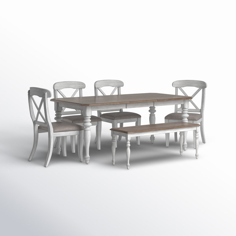 Quinta Extendable Four Leg Dining Set, White, 6 Pieces: Table, Bench, 4 Chairs