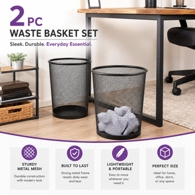 Creative Home 2 Pieces Steel Mesh Round Trashcan Wastebasket For Trash Paper Or Recycle In The Home Office Garage, 10 Qt, Black