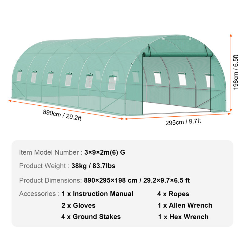 Walk-in Tunnel Greenhouse Galvanized Frame PE Cover, 16.5cm H x 24.6cm L x 74.2cm D, Green