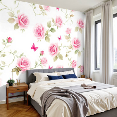 Papier peint à peler et coller, feuilles de rose, feuilles vertes, aquarelle, peintures murales, papier peint amovible en PVC, H 100 po x l 144 po, auto-adhésif pour chambre à coucher, bureau à domicile