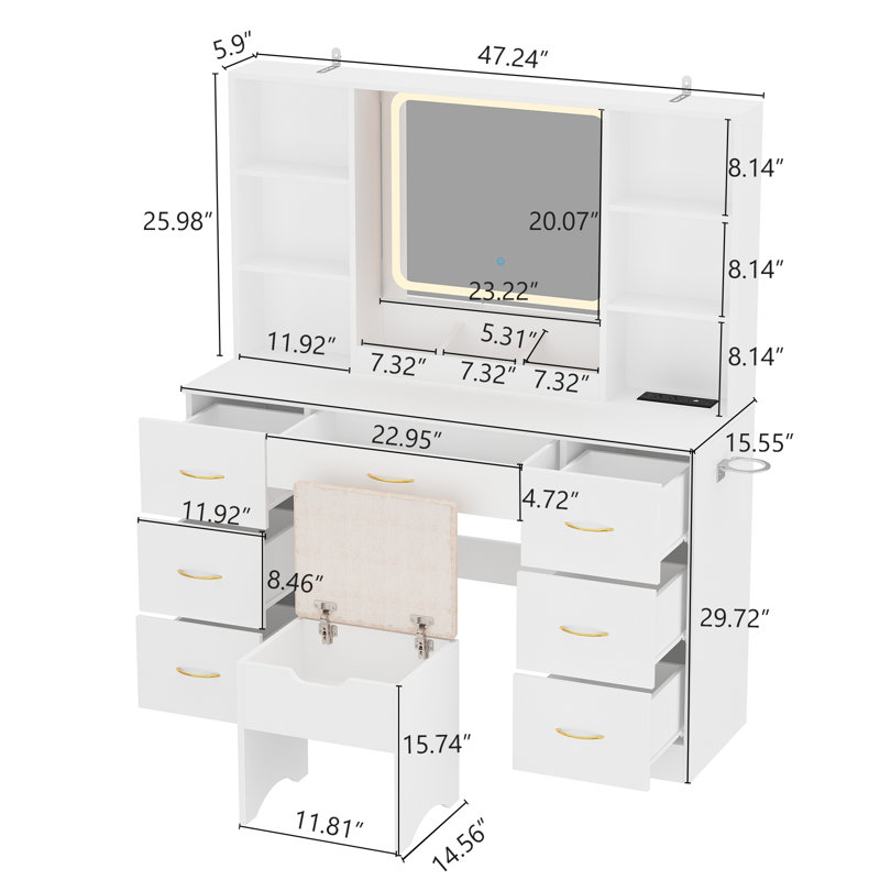 47"  Vanity Desk with LED Lighted Mirror,Drawers & Cabinets, Makeup Table with Power Outlet,  Adjustable Lighting Modes