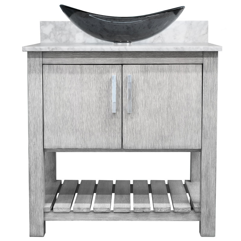 Meuble-lavabo de 30 po avec comptoir en marbre de Carrare, lavabo en verre et quincaillerie chromée, Chrome chrome