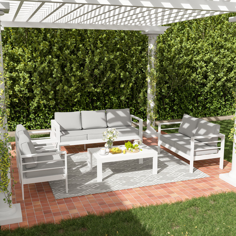 7-Person Aluminum Outdoor Seating Group with Cushions , White Frame / Light Gray Cushion