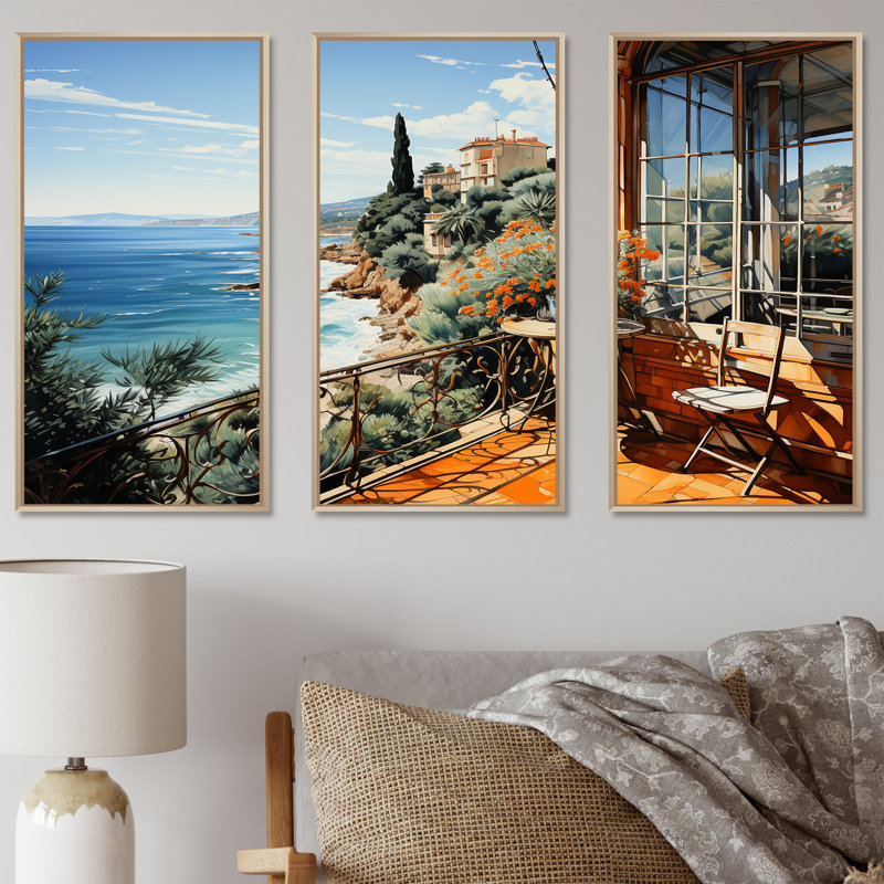 French Riviera Beach Reflections - Coastal Windows, art mural, Cadre flottant brun, H 32 po x l 48 po x P 1 po
