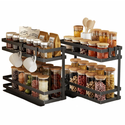 2 Tier Pull Out Spice Rack Organizer for Cabinet, Metal Seasoning Organizer Slide Out Spice Storage Shelf No Assembly Vertical Spice Rack Pullout No Drill, 2 Pack, (Black)