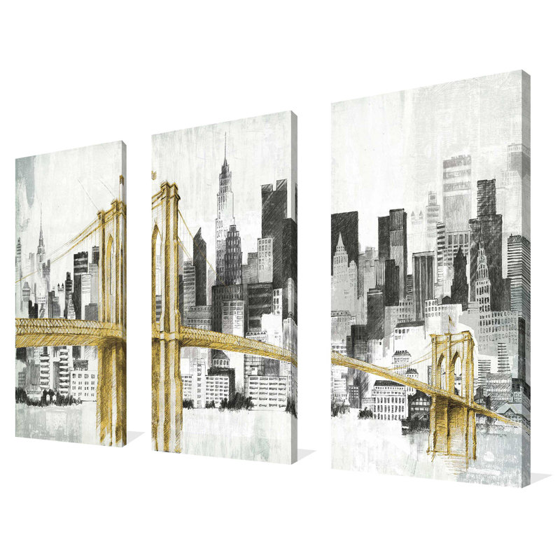 New York Skyline I, pont jaune - ensemble de 3 peintures sur toile tendue, H 32 po x l 48 po x P 0,75 po