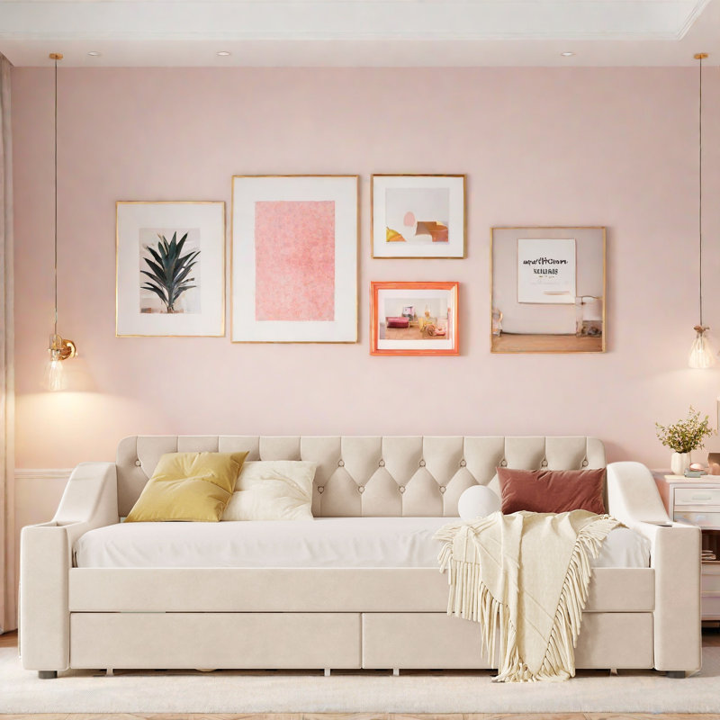 Lit de jour rembourré avec accoudoirs de rangement, ports USB, poches latérales, 2 tiroirs et capitonnage à boutons, Beige