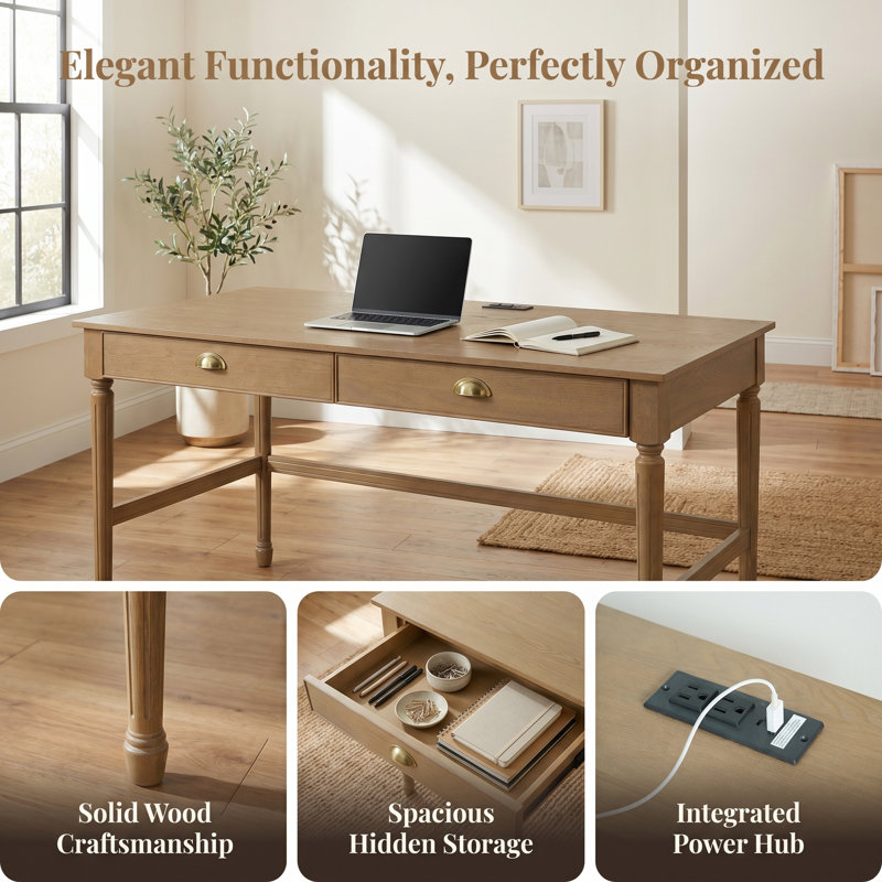 Bureau UnaNidus 60 po avec prises électriques et ports USB intégrés, bureau en bois d'hévéa avec 2 tiroirs, Blanc