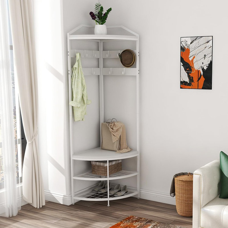 Portemanteau d'angle avec banc à chaussures - Portemanteau autoportant avec 10 crochets mobiles et rangement pour chaussures [Blanc] - [Bois / Moderne / Entrée]