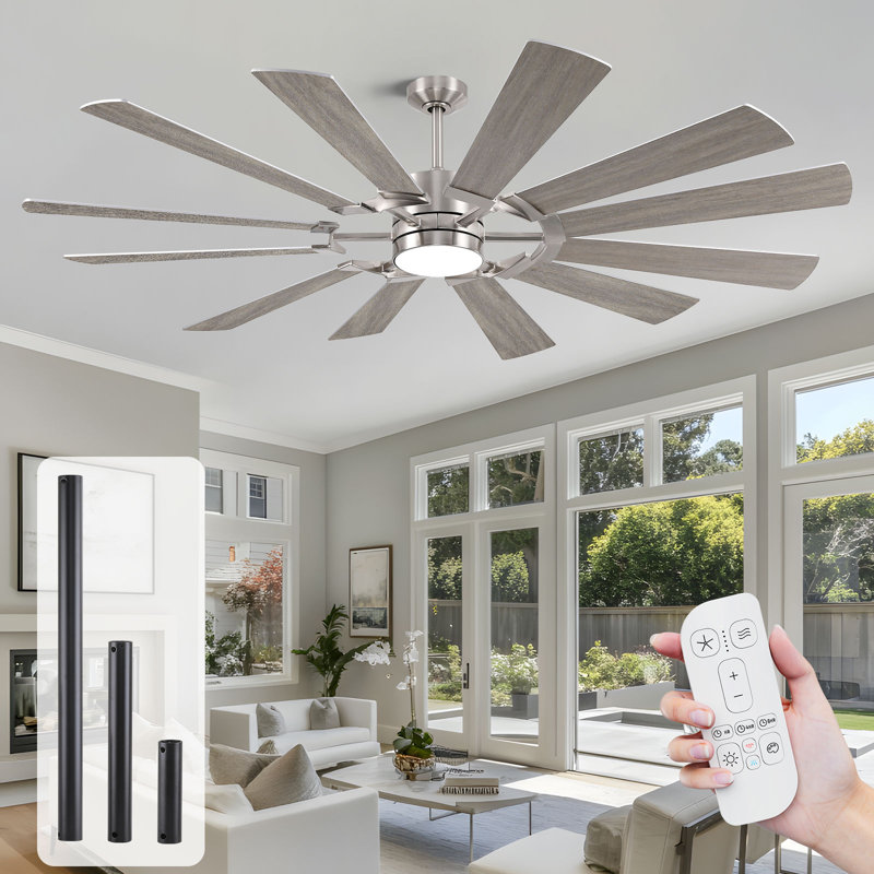 Large Dual-finish 12-blade Ceiling Fan With Light And Remote, Dc Motor, Reversible, 3-color Led, Indoor/outdoor Use, 62" Wide