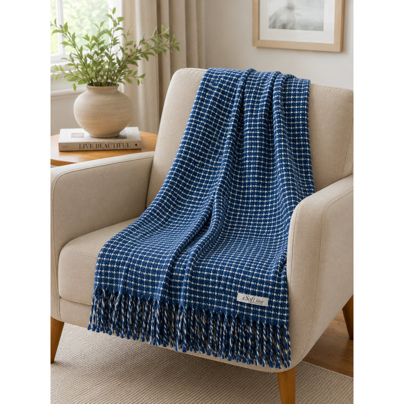 Small Check Pattern Throw, 67" L x 50" W, Denim/Cream Small Check Pattern